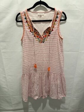 beachlunchlounge Daphne Pink Striped Embroidered Tassel Sundress size M.boho,